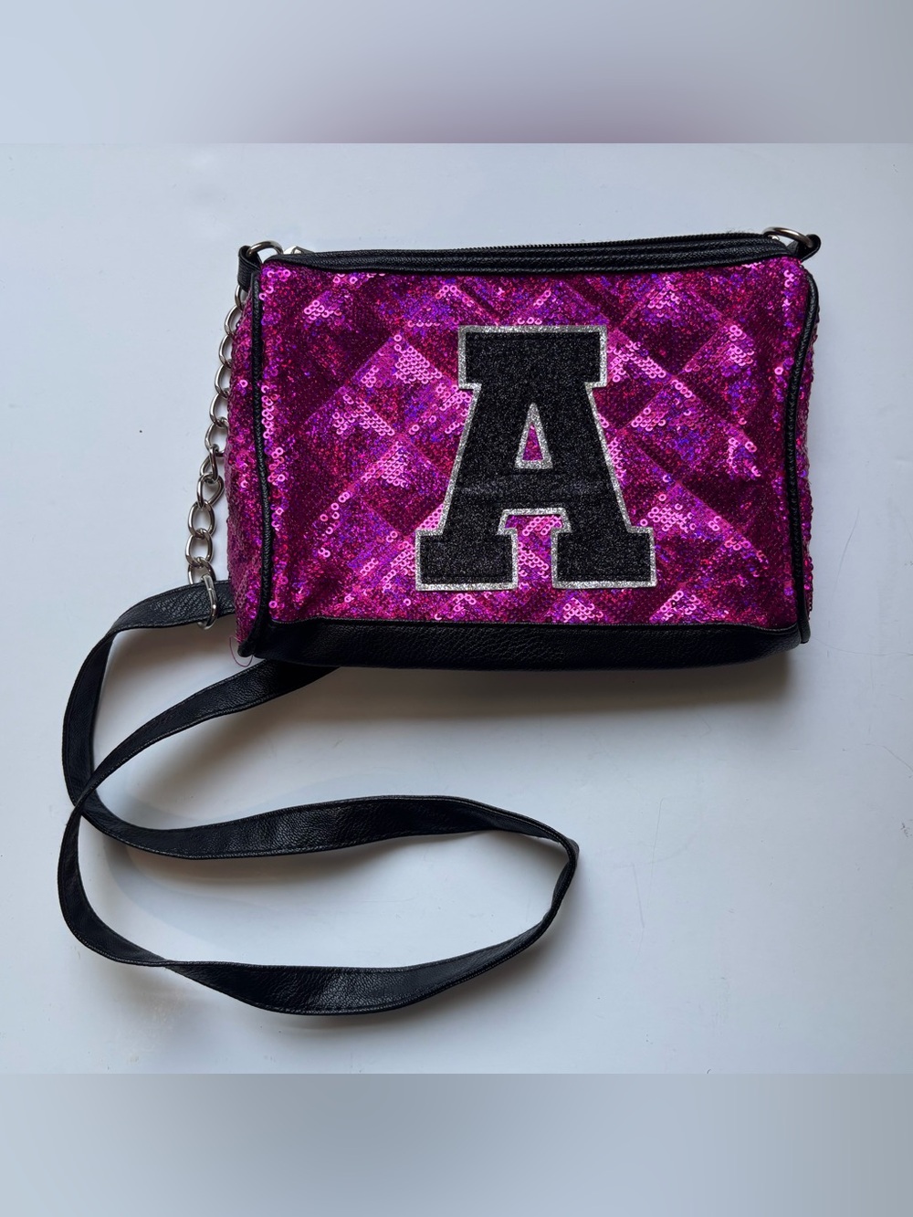 Justice Sequin 'A' Accent Crossbody Bag - Pink & Black